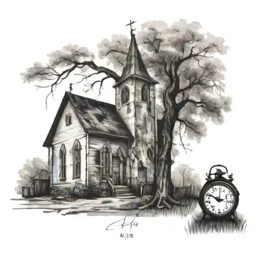 old rustic church with gabled roof, clock on then church, willow tree in the background visable over the church, rustic  tattoo design idea