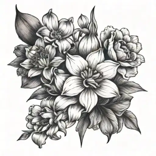 violet narcissus daisy larkspur poppy tattoo design idea