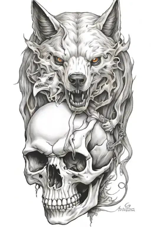 human and wolf skull hybrid creature combining elements tattoo design idea