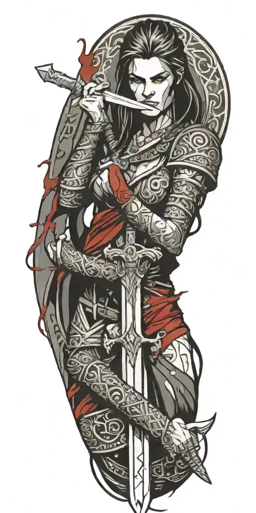 viking woman bloody sword cuff tattoo design idea
