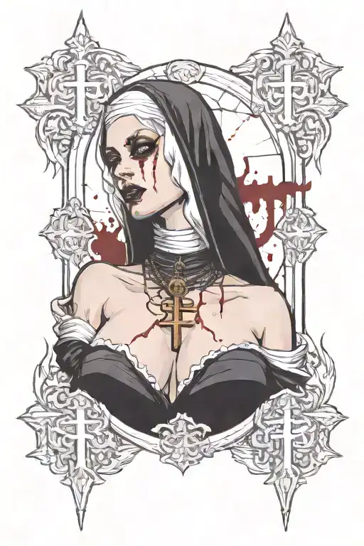 Sexy Nun, huge boobs,, revealing attire, seductive facial expressions, gold cross dripping blood, Lingerie, sexual tattoo design idea