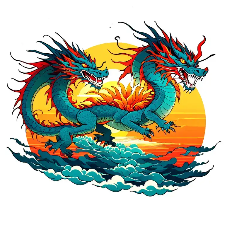 A colorful sunrise with clouds and dragons flying tattoo design idea