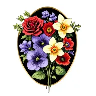 violets, daffodils, red roses, sweet pea, cosmo, poppy, and narcisuss flowers tattoo design idea