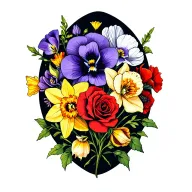 violets, daffodils, red roses, sweet pea, cosmo, poppy, and narcisuss flowers tattoo design idea