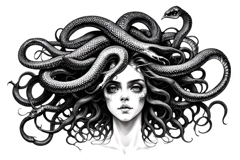 Medusa snakes on head, realistic, detailed, full body tattoo design idea