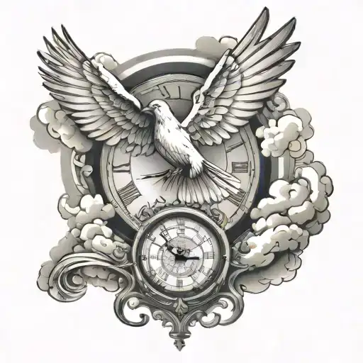 memorial clock with dove flying and clouds surrounding tattoo design idea