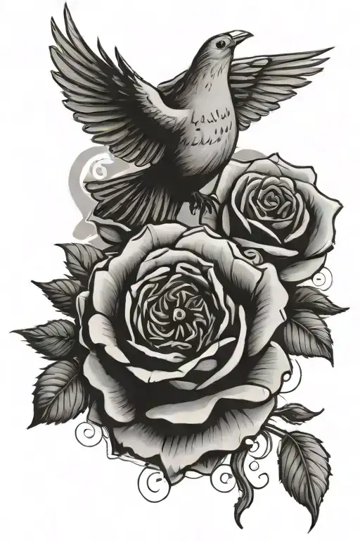 rose with a dove above it with a eye by a clock inside tattoo design idea