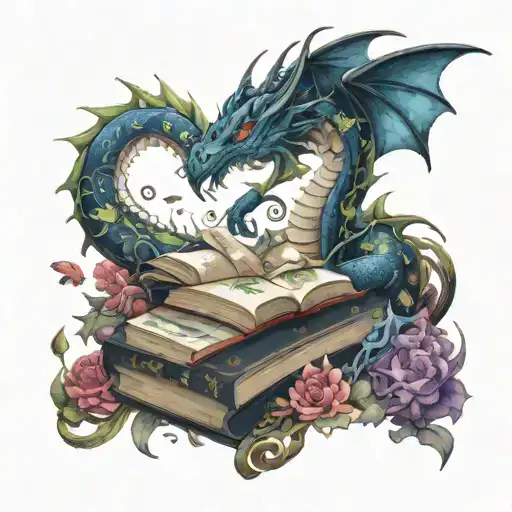 piled books open on top imagination a dragon  with butterflies flowers and vines curling out and below dark colors tattoo design idea