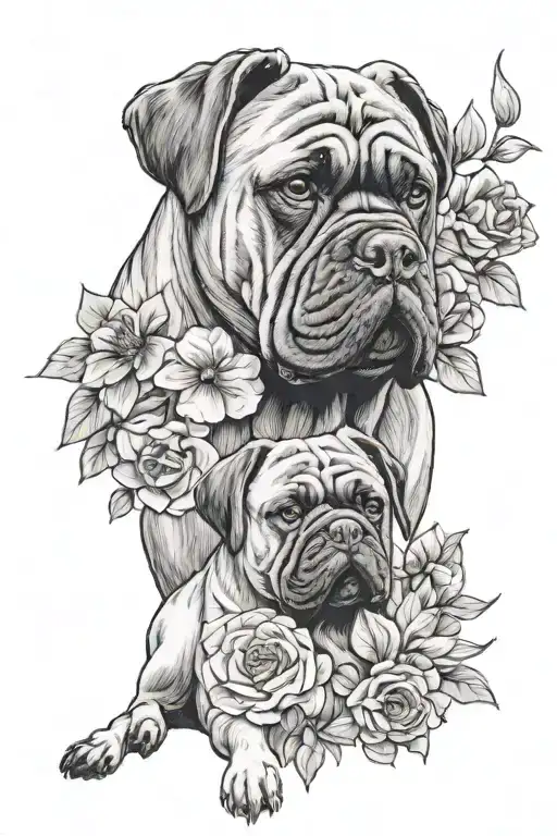 A Cane Corso dog and a Pekingese dog, surrounded by flowers tattoo design idea