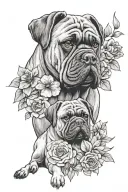A Cane Corso dog and a Pekingese dog, surrounded by flowers tattoo design idea