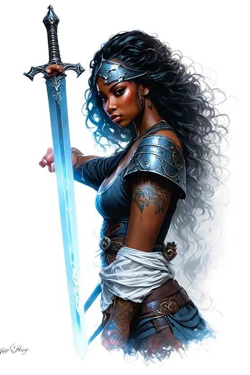 black woman good with steal helmat holding a light sword in one hand tattoo design idea