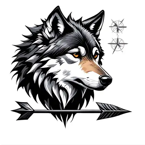 wolf and compass arrow  tattoo design idea
