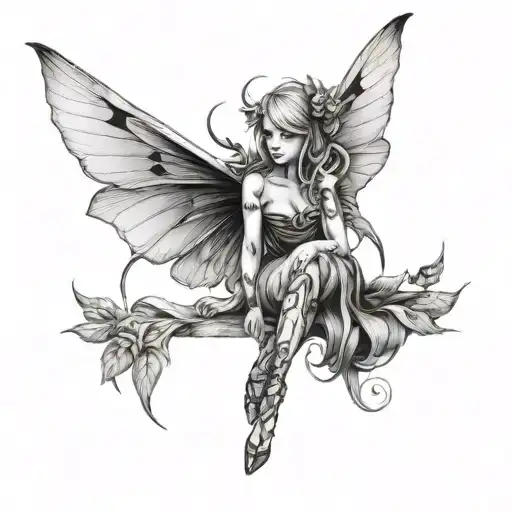 fairy with weed leaf wings sitting tattoo design idea