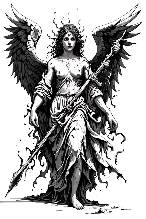 Fallen Angel with Tattered, Burning Wings Holding a Broken Spear – chaos, unrest, divine absence. tattoo design idea