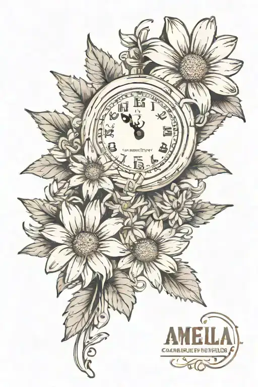 a daisy flower with the name Amelia and a clock with the time 20:46 tattoo design idea