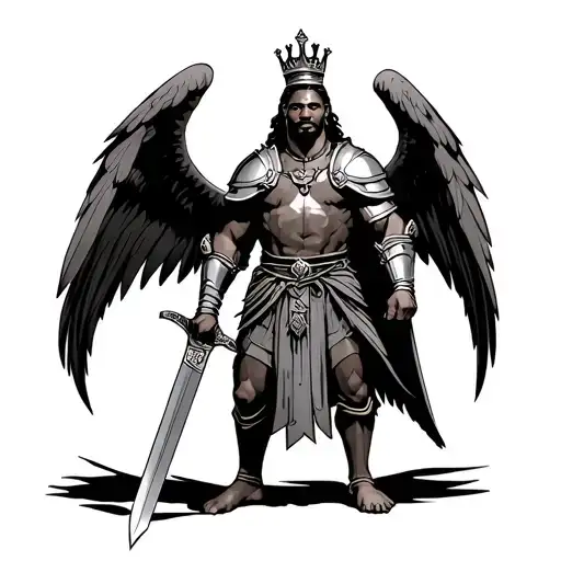 full body African king warrior with wings holding sword wearing armor and crown standing with feet together facing way tattoo design idea