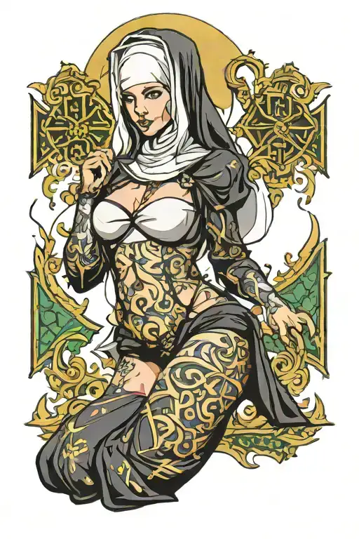 Sexy Nun, huge boobs,, wide hips, petite, revealing attire, seductive facial expressions, gold cross, Lingerie, sexual tattoo design idea