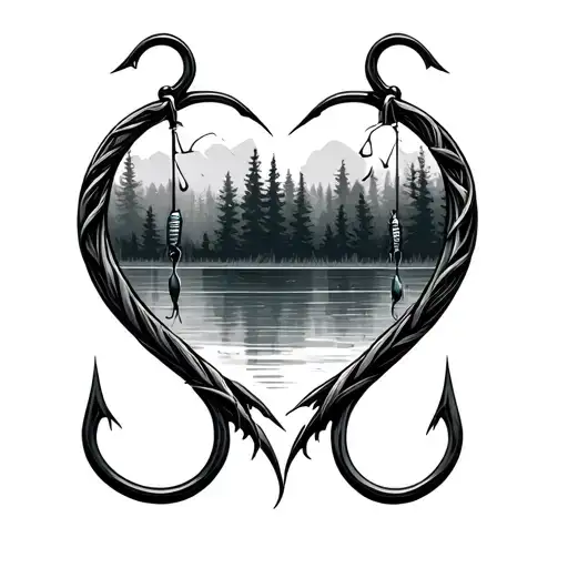 two fishing hooks form heart shape with forest in background tattoo design idea