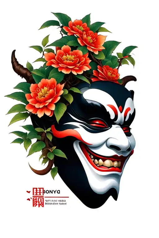 Japanese Hannya mask with bonsai tattoo design idea