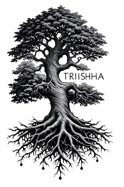 tree with roots spelling "Trisha" and branches for Serenity, Brooke, and Audrey tattoo design idea
