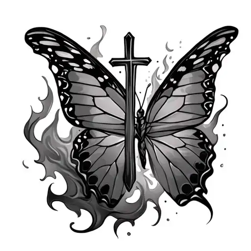 cover up butterfly's with cross instead of body with smoky flame fore and rainstorm in back tattoo design idea