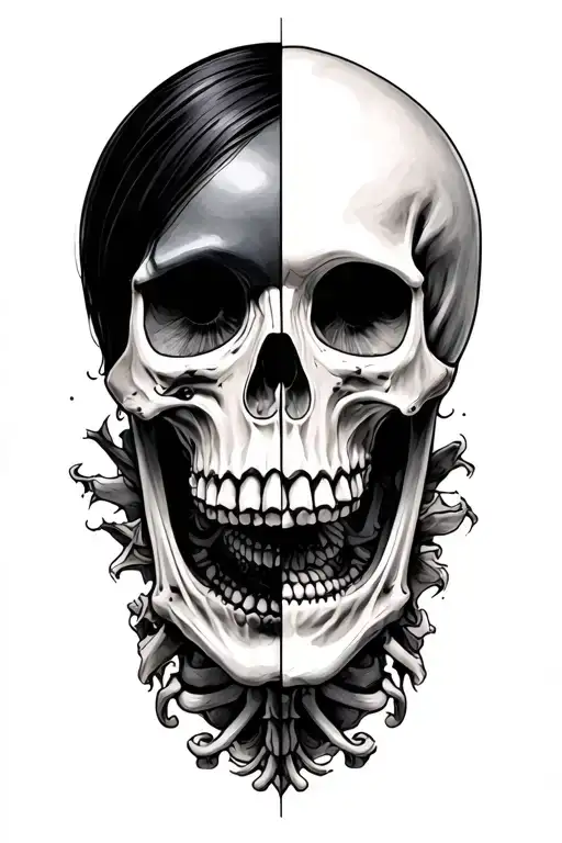 skull candy half a beautiful face the other side skeleton  tattoo design idea