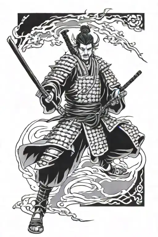 samurai warrior Miyamoto Musashi in Japanese style tattoo design idea