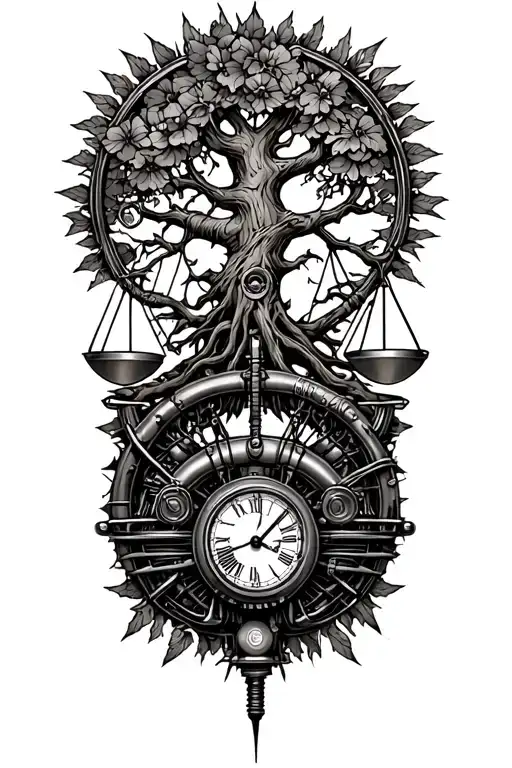 midevil tree of life, steampunk libra scale, old harley engine & time tattoo design idea