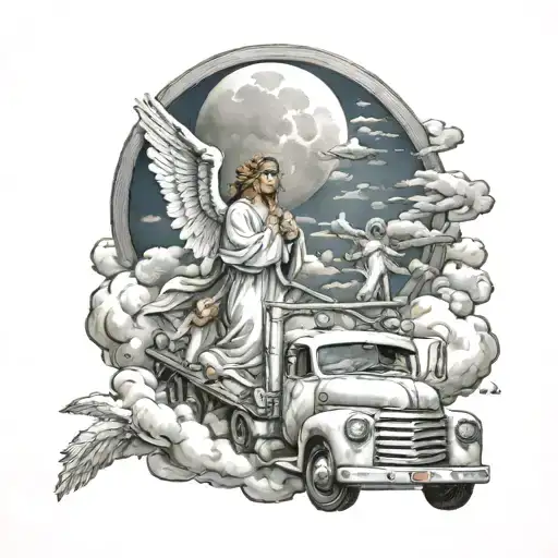 Mary in the clouds with angels on route 66, a truck drives along it to heaven tattoo design idea