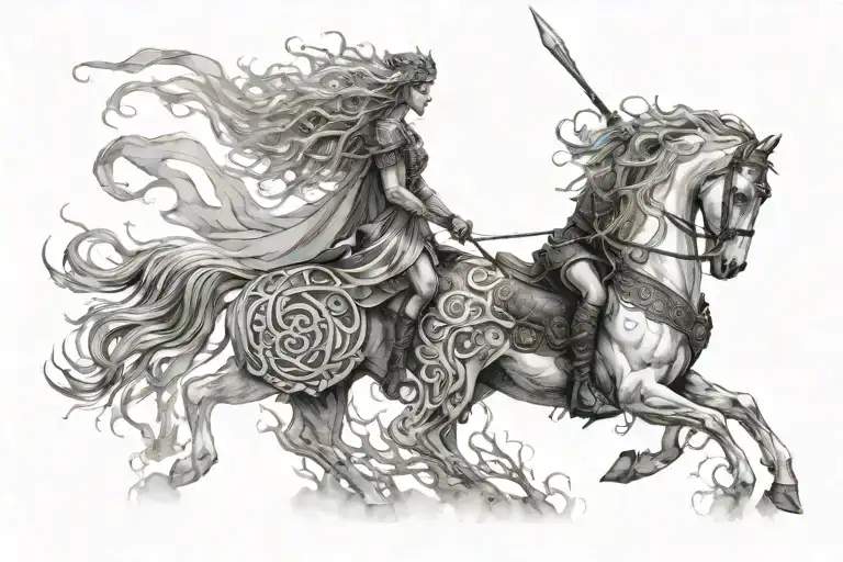 A hauntingly beautiful image of a Valkyrie with flowing hair riding a ghostly white horse through a misty forest, with the silhouette of Yggdrasil looming in the background tattoo design idea