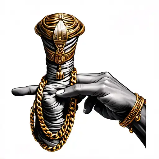mummy hand holding a gold chain necklace another mummy hand pointing to the first hand tattoo design idea