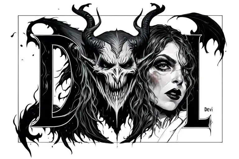 D.evi.L"D" represent darkness "evi" represent life "L" represent light"Devi" represent my mom   and "Devil" Monster tattoo design idea