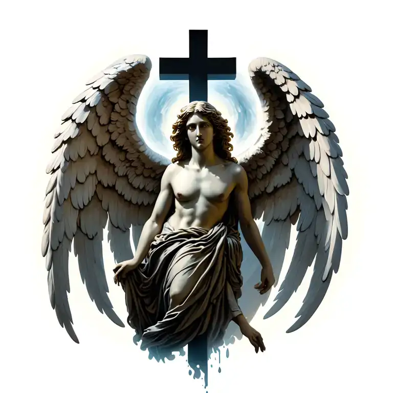 angel with wings on a cross with something down the spine tattoo design idea