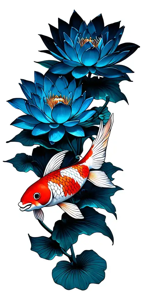 blue lotus flowers with koi fish tattoo design idea