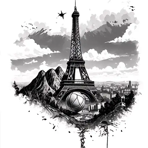 Le Mont Aiguille + Basketball Ball + Eiffel Tour + Hikes + Corners + Lovers + Bivouac + PSG + Hiking bag + LDC tattoo design idea