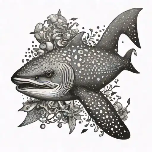 A surreal underwater scene featuring a whale shark surrounded by various sea animals in a dotwork style tattoo design idea