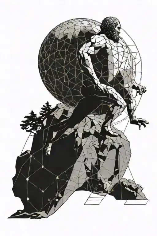 Sisyphus dressed as The Dare pushing a disco ball up a hill tattoo design idea