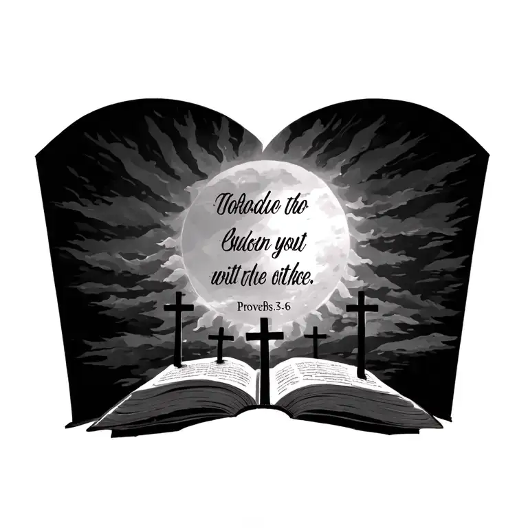 Proverbs 3:5-6 bible verse with three crosses above it and sun sine coming down through it tattoo design idea