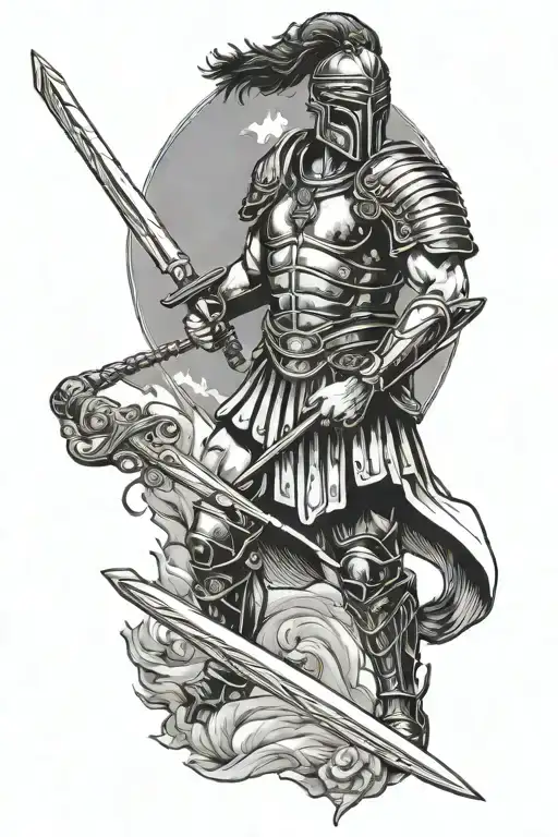 roman warrior with sword and word tattoo design idea