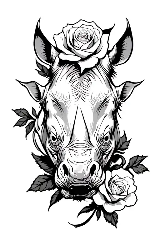 RHINO WITH WHITE ROSE WITH PLAYING CARD PETALS tattoo design idea