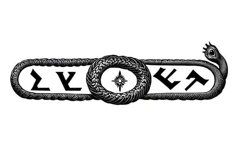 "Minimalist Norse wrist tattoo, 'Loki' in Elder Futhark runes (ᛚᛟᚲᛁ), tiny serpent coiled around letters, black ink, fin tattoo design idea