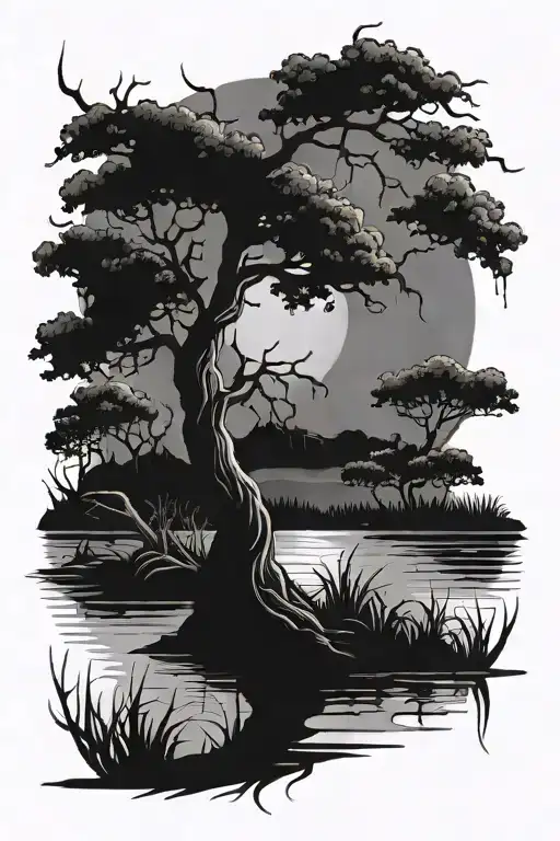 Poison tree with a lake and a moonlight shining tattoo design idea