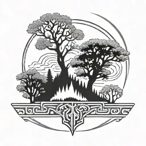 two anglo Saxon arm band circuits with runic style forest skyline placed in the middle suitable for upper arm tattoo design idea