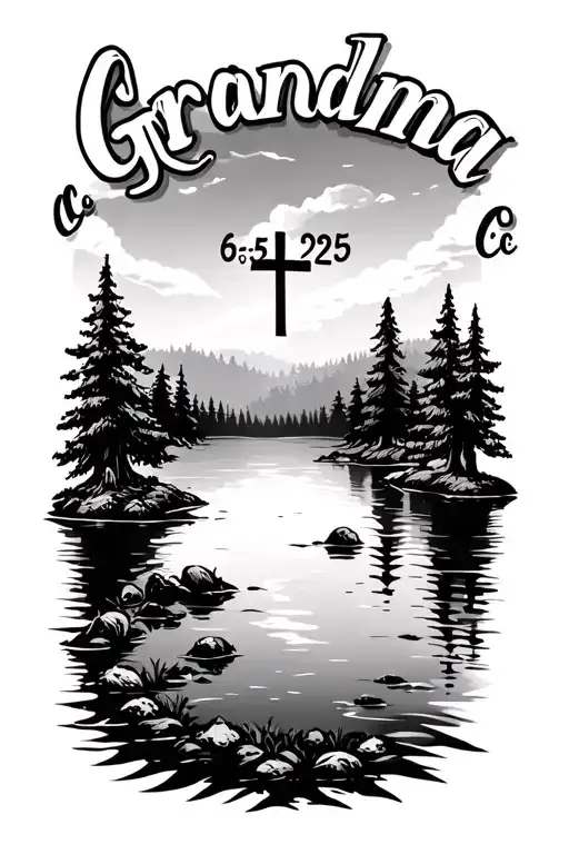 "Grandma c 6/5/25" a pond surrounded by trees and a cross in the middle tattoo design idea