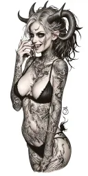 Sexy Pale Girl, petite, big boobs, wide hips, G-String. Messy hair, demonic horns, sexual. Seductive smile. Full Body tattoo design idea