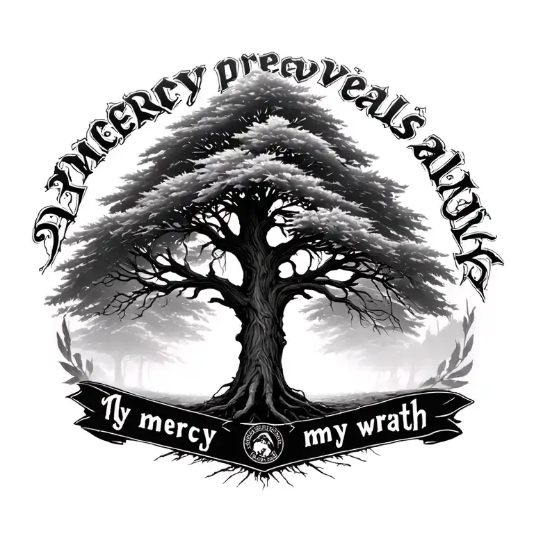 A willow tree from The Walking Dead and the words My mercy prevails over my wrath tattoo design idea