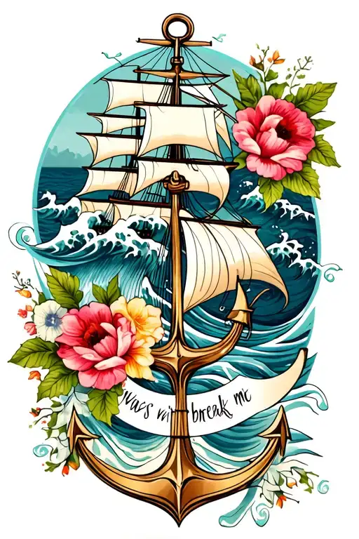 waves, ship, anchor, flowers, wine, "waves won't break me" Mother, skeleton  tattoo design idea