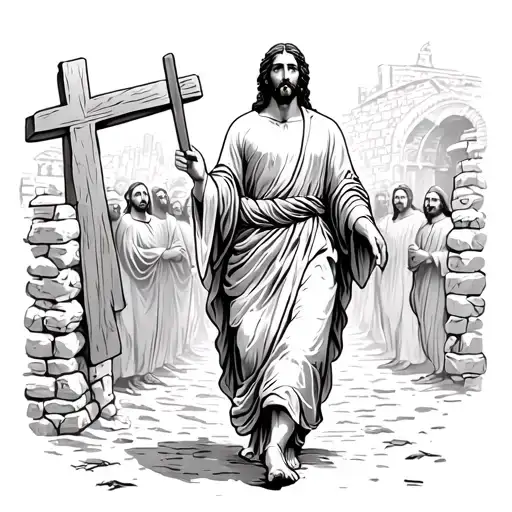 Jesus walking through Jerusalem with the cross on his back like the scene from the Bible. add the our father prayer  tattoo design idea