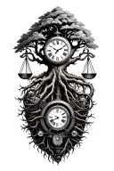 tree of life with roots intertwined  with libra scales, v-twin engine and a old clock tattoo design idea