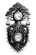 tree of life with roots intertwined  with libra scales, v-twin engine and a old clock tattoo design idea